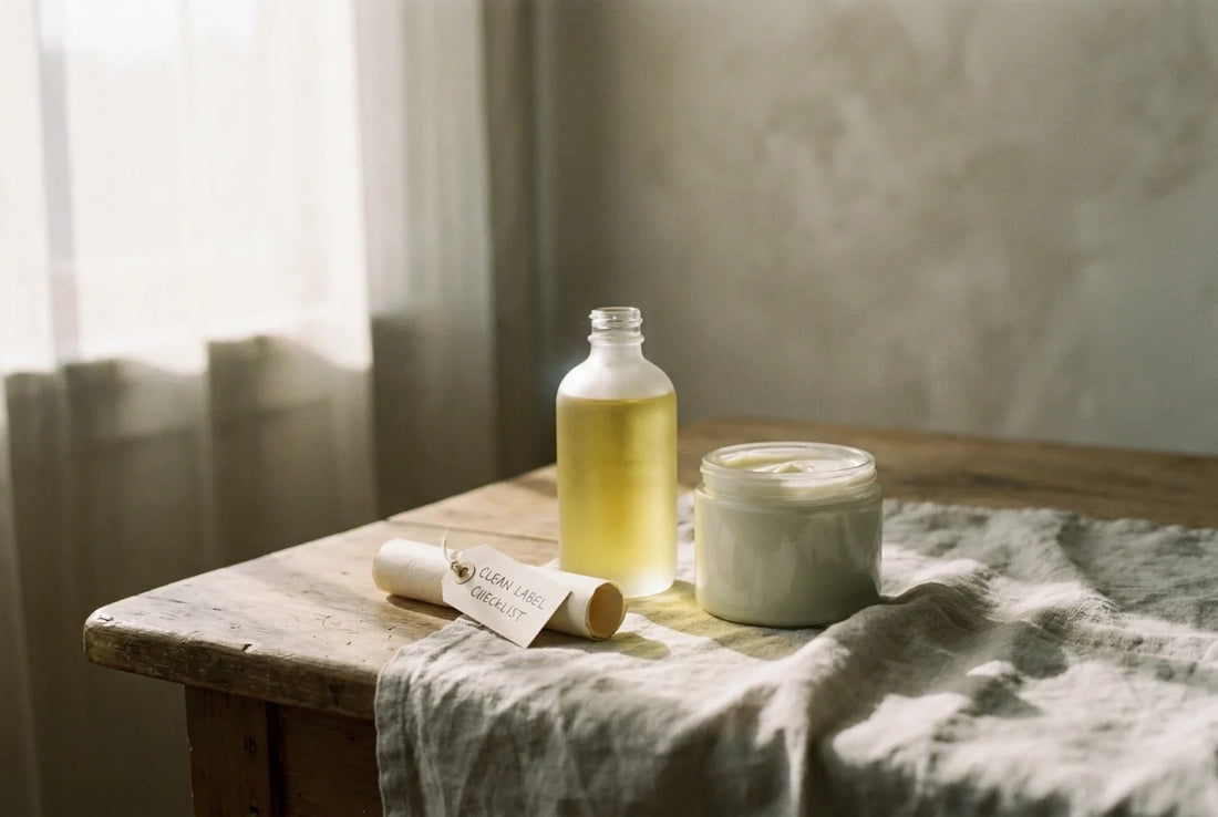 Professional header image for educational tutorial: Layering Body Oil and Body Butter: A Clean Label Checklist