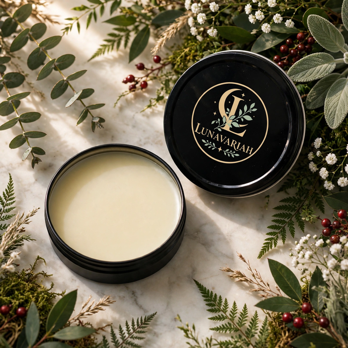 Beard Butter by Lunavariah — conditioning beard butter in its metal tin, botanical scene